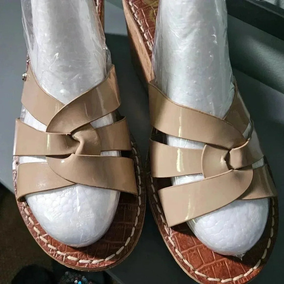 Sam Edelman |  Raynere Patent Cork Wedge Nude Slip On Sandals - Picture 2 of 16